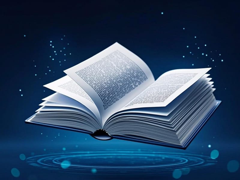 Glowing open reference book with pseudocode symbols